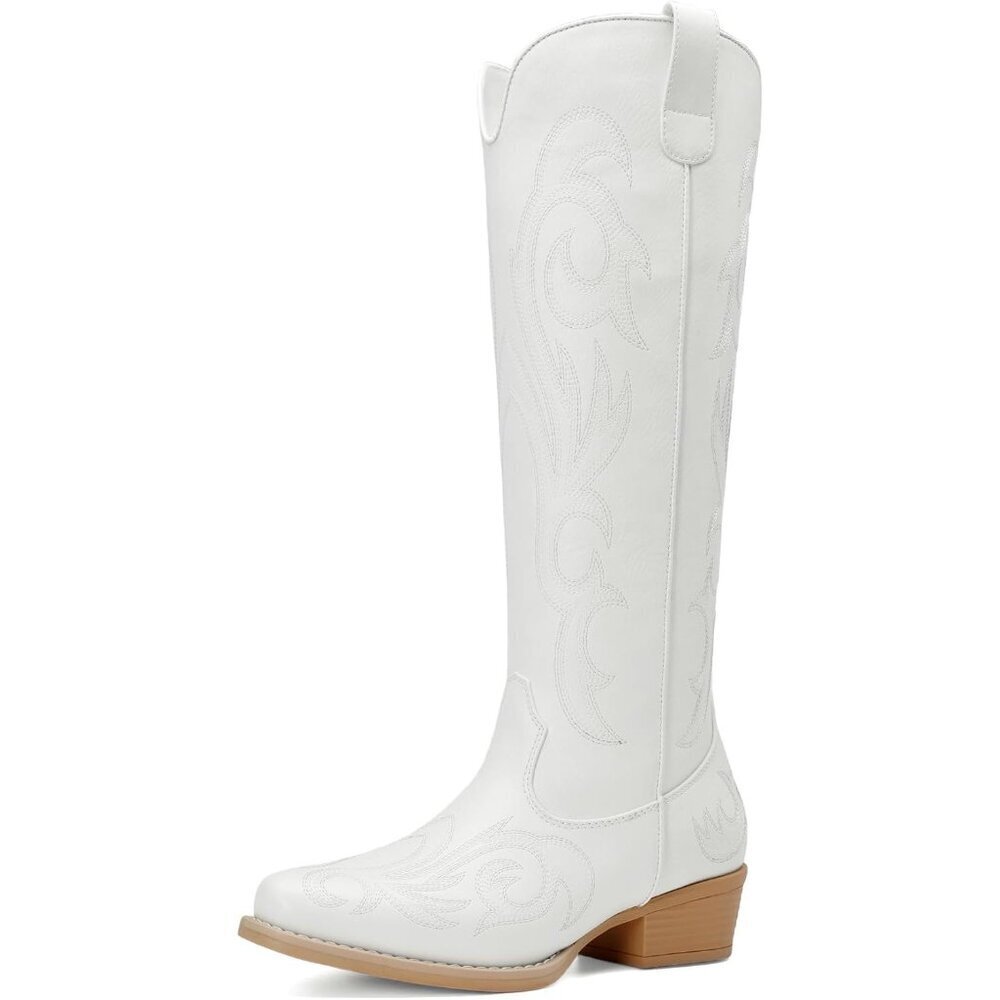Women Faux Leather White Knee High Chunky Heel Side Zipper Embroidered Boot